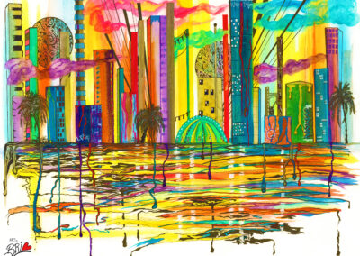 CARNIVAL SEASIDE, Unframed Original Artwork, 2019, 15x22". Watercolor & ink on cold press paper. Price $950. A lively and colorful seaside city with tropical vibes and vibrant skies, magic moons and all the energy of a city full of life, love and art.