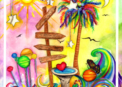 TROPICAL CANDY LAND, Unframed Original Artwork, 2020, 9X12". Watercolor on cold press paper. Price $350. Inspired by a favorite childhood game where time was spent playing with friends and loved ones. A sign of hope and many possibilities in a land of fun.