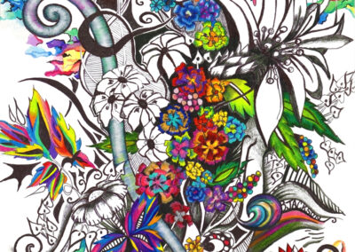 TROPICAL SPRING, Unframed Original Artwork, 2020, 8.5X12". Watercolor, colored pencil and ink on cold press paper. Price $350. Some people see the world in black and white while others see it in vibrant colors. This is my take on seeing the world both ways simultaneously.