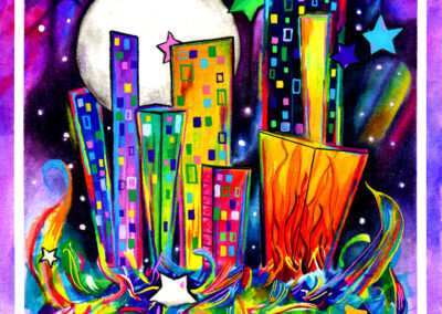 DOWNTOWN SURFING, unframed original artwork, 2020, 9X12". Watercolor and ink on cold press paper. Price $350. A city of color and cultures, near the waterside, winding down for a night of dreaming. A place where imagination will lead the way and expression is valued.
