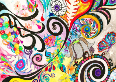 BUTTERFLY ZONE, Unframed Original Artwork, 2019, 9X12". Watercolor and ink on cold press paper. Price $350. The most vibrant garden, kept by butterflies, featuring colorful fruits, whimsical foliage and metallic accents for a magical touch.