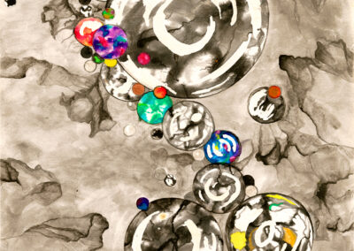 TROPICAL GLASS, Unframed Original Artwork, 2019, 9X12". Watercolor and ink on cold press paper. Price $350. Artist's description: Marbles, gumballs, bubbles, balls, so many reminders of just being a kid. This simple idea of shapes and colors leaves the viewers imagination room to play along.