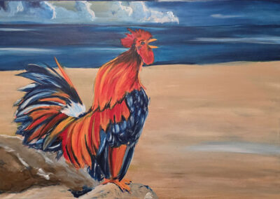 Rooster, 2026, 24x36", acrylics on canvas. Price: $700 Artist's description: It is a piece about a Rooster calling out for breakfast.