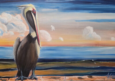 Pelican, 2026, 24x36", acrylics on canvas. Price: $700 Artist's description: It is a piece about a Pelican looking out for dinner.
