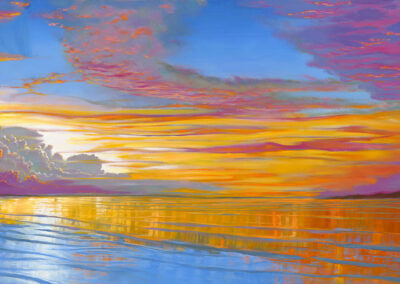 Gulf Sunset, 2023, 60x20", oil on canvas. Prices: ORIGINAL $1750, or $750 for full size museum quality archival giclee print on stretched gallery wrap canvas. Artist's description: As the afternoon storms pass the world is transformed into a palette of warm glowing color.
