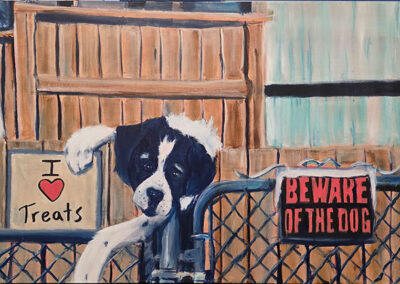 I Heart Treats, 2026, 24x36", acrylics on canvas. Price: $700 Artist's description: It is a piece about a very food motivated dog.