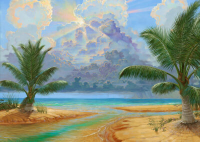 Lagoon Sunrise, 2023, 60x48", oil on canvas. Prices: $3950- for ORIGINAL, or $1100 for full size museum quality archival giclee print on stretched gallery wrap canvas. Artist's description: Everything is living, the magic of the shallow water, a thin layer of dancing diffused light, as the sun streams through the early clouds.