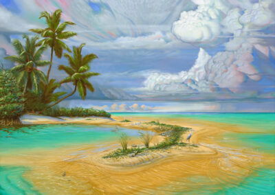Mangrove Lagoon, 2024, 48x36", oil on canvas. Prices: $2950 for ORIGINAL, or $1000 for full size museum quality archival giclee print on stretched gallery wrap canvas. Artist's description: This painting explores a calm and serene moment of perfection. All is as it should be when nature is allowed to just be.