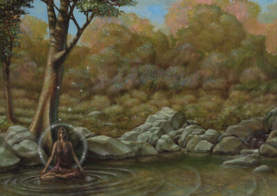 Meditation, 2010, 24x24", oil on board. Prices: $1850 for original, or $500 for full size museum quality archival giclee print on stretched gallery wrap canvas. Artist's description: Picture oneself in nature in a pristine setting of incredible beauty. Make this the go to place to bring about heaven on earth, choose serenity, go find your lake.