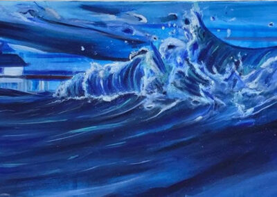 Ft. Myers Wave, 2026, 48 x 24", acrylics on canvas. Price $800. Artist's description: It is a piece about a small wave on Ft. Myers Beach in 2008 before Ian.
