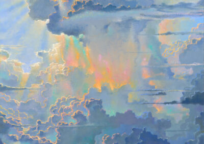 Sun Burst, 2018, 36x48", full size museum quality archival giclee print on stretched gallery wrap canvas. Price: $1,000. Artist's description: Etherial light illuminates the dense mist above the expanding cloud deck whose glorious details are revealed in the shimmering sunlight.