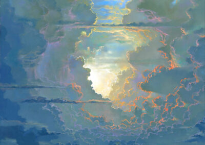 Sunset, 2021, 48x60", full size museum quality archival giclee print on stretched gallery wrap canvas. Price: $1,100 Artist's description: Some have said, God must live here. I observed this one day and painted it from memory revealing shimmering light filtering through and illuminating the complex textures of massive columns of expanding clouds.