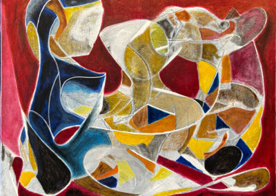 All is One... One is All, 2026, 22"x28", acrylics, oils, oil sticks on canvas. Price: $850. This piece explores the profound unity that exists beneath the surface of apparent differences. Through interwoven geometric forms and flowing white contours, three distinct figures dissolve into one another, symbolizing the inseparable connection between self and other, individual and collective, and creating a visual dialogue of contrast and harmony, inviting viewers to reflect on the timeless truth that all life is interconnected—where every part belongs to the whole, and the whole is reflected in every part.