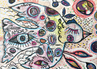 Amor-Amor, 2025, 14x11", acrylic, acrylic pens, and oil pastels on a wood canvas, Price: $300 Artist's description: Birds fly overhead with a sense of bliss, and we often take their presence for granted without pausing to appreciate them. Like humans, I find birds to be creative, fearless, full of life, and magical creatures that endure every kind of weather and storm.