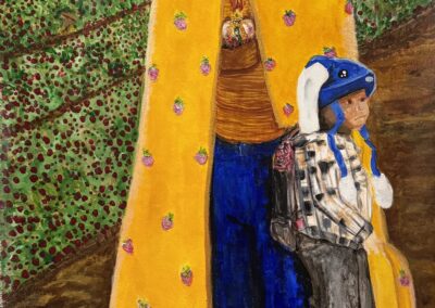 Brown Mary, 2025, 29x62", acrylic on unstretched canvas. Price: $650 Artist's description: A monumental figure in a golden cloak dotted with strawberries stands with a child in a strawberry field. A halo of light surrounds her as crates of harvested berries sit at their feet and rows of crops stretch behind them. Brown Mary is a portrait of resilience in the face of loss and fear. She represents migrant mothers who work the fields to put food on our tables while navigating the threat of family separation. The child at her side honors those who have been taken from their families and the sacred halo honors the dignity of farm labor that so often goes unseen. This painting is about the strife migrant workers endure to provide food for their community and for their own. In the tradition of Harry Chapin's call to action against hunger, Brown Mary asks us to recognize the human cost behind our harvest and to stand with the families who feed us.