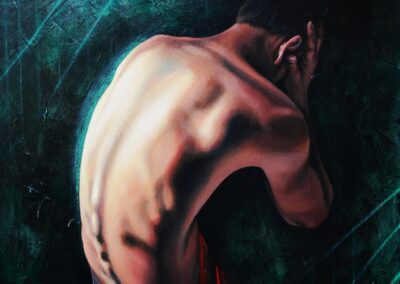 The Burdens We Carry, 2024, 31.5x31.5", acrylic and oil pastel on canvas (currently framed with matte black box frame). Price: $600 Artist's description: He bears the weight of the world on his shoulders, each day a trail to ensure the survival of himself and his family. Go with compassion and understanding, and assuage his need.