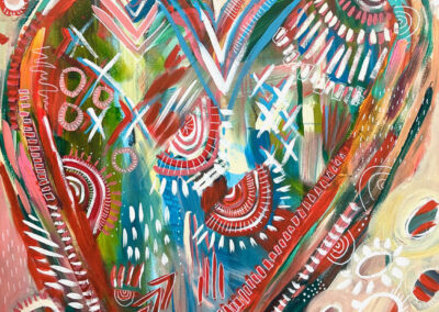 Burning Love, 2024, 22x28", acrylic and acrylic pen on canvas. Price: $500 Artist's description: This piece symbolizes a powerful, passionate drive that ignites our hearts and pushes us toward making a positive impact in the world. This intense affection isn't just romantic; it extends to our desire to uplift ourselves and those around us.