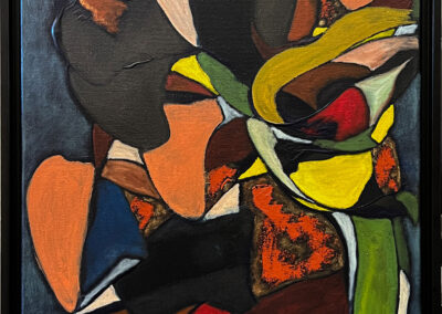 Colors of Africa, 2026, 20x16", acrylics, oil & oil sticks on canvas (Black floater frame). Price: $688 Artist's description: This is a vibrant celebration of Africa's cultural richness, resilience, and enduring spirit. Organic, interlocking forms and warm earth tones are brought to life with bold accents of gold, green, red, and deep blue, evoking the continent's diverse landscapes, traditions, and people. The abstract composition suggests figures emerging from and flowing into one another, symbolizing the deep interconnectedness of community, heritage, and identity. Colors of Africa invites viewers to experience not only the visual beauty of the continent, but also the strength, rhythm, and humanity that define its soul.