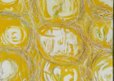 Energy, 2025, 30x60", Acrylic On Canvas / Hand wrapped aluminum frame. Price: $750 Artist's description: Energy is an abstract composition, bold motion, layered texture and luminous white-gold light. The forms push and pull across the canvas like people moving in a crowd. This painting is about collective power. Energy represents what happens when individual voices join together to create change in a community. The work uses movement and light to show that momentum isn't created alone - It's built in groups, in shared purpose, in the decision to act. It honors the idea that when we channel our energy towards each other, we can shift things, "do something." This piece asks viewers to feel their own capacity to move and feel.