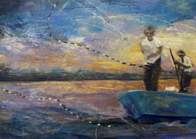 First Cast, 2024, 48x24", oil on museum wrap canvas. Price: $1,200 Artist's description: A work inspired by an educational video produced by FGCU on the local fishing history and Michael Dooley one of Pine Island's most celebrated professionals.