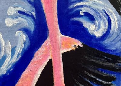 Flamingo 1, 2025, 12 X16", acrylics on gallery wrapped canvas. Price: $75 Artist's Description: American flamingos in vivid pink, coral and blue. Expressive, textured brushwork captures each bird in motion, in water and in community. In August 2023 Hurricane Idalia blew flamingos into Florida for the first time in over 100 years. We honor their homecoming. Flamingos thrive in flocks. Their return is proof that restoration works - that when a community decides to "do something" life comes back. As a Floridian I painted these so residents and visitors know this story: when we feed the land and each other we all flourish.