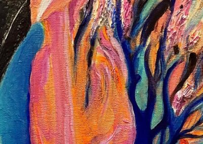 Flamingo 2, 2025, 12 X16", acrylics on gallery wrapped canvas. Price: $75 Artist's Description: American flamingos in vivid pink, coral and blue. Expressive, textured brushwork captures each bird in motion, in water and in community. In August 2023 Hurricane Idalia blew flamingos into Florida for the first time in over 100 years. We honor their homecoming. Flamingos thrive in flocks. Their return is proof that restoration works - that when a community decides to "do something" life comes back. As a Floridian I painted these so residents and visitors know this story: when we feed the land and each other we all flourish.