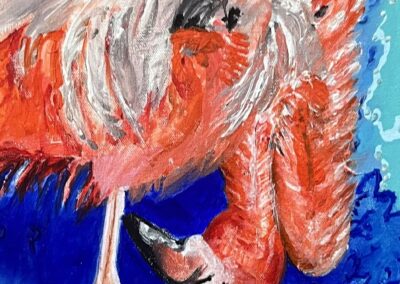 Flamingo 4, 2025, 12 X16", acrylics on gallery wrapped canvas. Price: $75 Artist's Description: American flamingos in vivid pink, coral and blue. Expressive, textured brushwork captures each bird in motion, in water and in community. In August 2023 Hurricane Idalia blew flamingos into Florida for the first time in over 100 years. We honor their homecoming. Flamingos thrive in flocks. Their return is proof that restoration works - that when a community decides to "do something" life comes back. As a Floridian I painted these so residents and visitors know this story: when we feed the land and each other we all flourish.