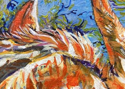 Flamingo 5, 2025, 12 X16", gallery wrapped canvas. Price: $75 Artist's description: American flamingos in vivid pink, coral and blue. Expressive, textured brushwork captures each bird in motion, in water and in community. In August 2023 Hurricane Idalia blew flamingos into Florida for the first time in over 100 years. We honor their homecoming. Flamingos thrive in flocks. Their return is proof that restoration works - that when a community decides to "do something" life comes back. As a Floridian I painted these so residents and visitors know this story: when we feed the land and each other we all flourish.
