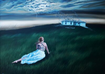 Fragility of Memory, 2024, 49.5x37.5", acrylic on canvas, (currently framed with matte black box frame). Price: $1,000 Artist's description: In loss, there is catharsis. The fleeting nature of what we possess lends us to appreciate that which remains even after disaster strikes.