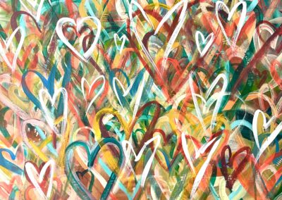 Graffiti Hearts, 2024, 28x22", acrylic and acrylic Pens on canvas. Price: $500 Artist's description: Every day, I see hearts, reminding me that love is indeed everywhere we look. In difficult times, if we look closely, we can find love manifesting in surprising ways around us. It serves as a gentle reminder that love is a constant presence, even when we least expect it.