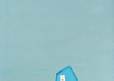 Guardian Angel, 2026, 15"x30" (mounted in black floating frame), Acrylic and Ink on Canvas. Price: $575 Artist Description: This piece is an abstract interpretation of the Sanibel Lighthouse. It depicts the fundamental purpose of it as a guiding beacon and savior that goes beyond the mere facade of the landmark structure.
