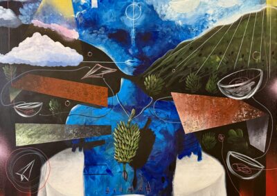 Hambre, 2025, 37x41:", acrylics and acrylic markers on canvas. PRICE: $2,000 Artist's Description: This piece represents the artist's own struggle with hunger and poverty during his childhood years. It depicts a vision of elements representing everything from hunger, shelter, electricity, among others.