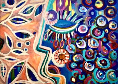 Healing, 2022, 30x40", acrylics on canvas. Price: $1,500 Artis's description: In the midst of chaos, the journey toward healing can be daunting yet transformative. Finding peace is a brave act, like a calm oasis in a storm. Each small step we take weaves into the tapestry of resilience, showing that true peace is not the absence of chaos but the ability to find stillness within it.