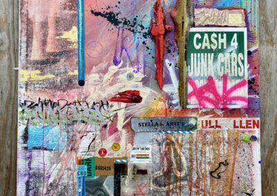 Bad Habits, 2022, 24x36", Pigment transfer, acrylics, spray, oil, house paint, oil pastels, paint markers, ink, gold leaf, found materials, cardboard, silk and denim fabrics, stickers, shipping and painters tape, glass shards, cut paper, diamond dust, graphite, and uv varnish on canvas 24in x 36in (wired for hanging). Price: $3,500 Artist's description: The work is the second part of a 6 part series on the timelapse progression of a Hurricane, with this representing the “hours before storm fall”. The clouds are ominous and steady approaching. The wind is picking up, and the water is starting to recede from the oceanfronts and rivers. This is the last chance to secure your home and get your family and friends safe. Originally retailed at $5,000.00 and exhibited during solo show, discounted studio price is offered.