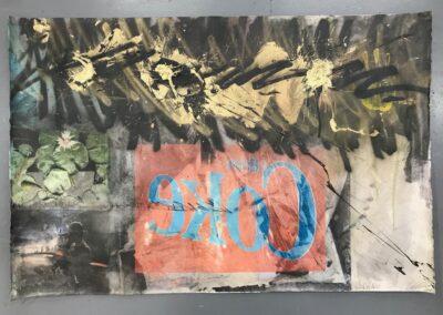 Traveler, 2018, 31.5x47", unframed, Pigment transfer, acrylic, spray, gold leaf, bronze powder, black gesso, marker, graphite, and uvls varnish on arches paper. Price: $1,500 Artist's description: This work is about transportation; be it industrial, food & produce, or recreational, and how humanity relies on the supply chain to live. Cocacola being a company that I see frequently on my interstate drives, was paired with a photo of a friend at a rest stop and a photo of waterlilies from the everglades state park. The abstracted area at the header represents this travel network. Originally retailed at 3000.00 and never exhibited, discounted studio price is offered. The work would look best framed float mounted with a small boarder.