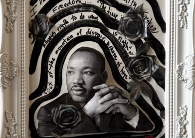 I Have a Dream, 2020, 11x14", Paper decoupage, acrylics, wax, ink on canvas panel. (framed in white) Price: $275 Artist's description: This piece represent the right that we have to live in a society where everybody have the same equals rights and work together beyond the color of our skin to care and love the human society no matter where they come from.