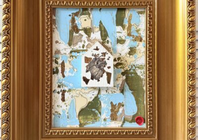 Where My Heart Belongs, 2024, 11x14", Paper, collage, gold leaf, pencil, acrylics, wax, Ink, on canvas panel (framed in golden wood) Price: $350 Artist's description: This piece represent that we good actions to others wherever we go on life, our spirit and soul will feel like home. Building people lives we build their homes as well.