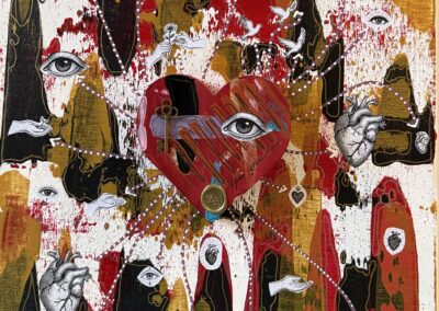 Serving with Your Heart, 2026, 24x18", wood, collage, acrylics on gallery wrapped canvas. Price: $600 Artist's description: This piece shows the importance to help others in our community with an open heart.