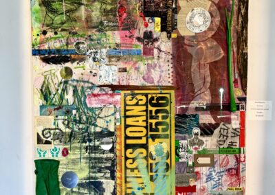 Ruinous, 2023, 24x36", Pigment transfer, acrylics, spray, oil, house paint, oil pastels, paint markers, ink, gold leaf, found materials, cardboard, silk and denim fabrics, stickers, shipping and painters tape, glass shards, cut paper, diamond dust, graphite, and uv varnish on canvas 24in x 36in (wired for hanging). Price: $3,500 Artist's description: The work is the fifth part of a 6 part series on the timelapse progression of a Hurricane, with this representing the final stages of a hurricane, or the “Back End”. This is when the storm dumps the most rain and the flooding is at its worst. Soon the winds will die down and we can finally see the result. Originally retailed at $5,000.00 and exhibited during solo show, discounted studio price is offered.