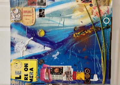 Night Terrors, 2023, 24x36", Pigment transfer, acrylics, spray, oil, house paint, oil pastels, paint markers, ink, gold leaf, found materials, cardboard, silk and denim fabrics, stickers, shipping and painters tape, glass shards, cut paper, diamond dust, graphite, and uv varnish on canvas 24in x 36in (wired for hanging). Price: $3,500 Artist's description: The work is the Third part of a 6 part series on the timelapse progression of a Hurricane, with this representing the moment the storm makes landfall. This is the moment that everyone dreads; wind howling, rain coming down sideways, no visibility, maximum danger. You can hear the trees snapping and roofing flying off. Hours it sits over our heads with no idea what will be on the other side. Originally retailed at $5,000.00 and exhibited during solo show, discounted studio price is offered.