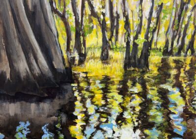 Cypress Slough, 2026, 36x24", acrylics on canvas. Price: $1,800 Artist's description: Painted from a photo I took while on a guided wet walk tour through the Six Mile Cypress Slough Preserve. So peaceful and serene. It is our obligation to protect and nurture all of God’s creations.