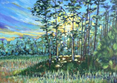 Nature’s Art, 2026, 24x36", acrylics on canvas. Price: $1,800 Artist's description: This was painted near my home in North Fort Myers. As beautiful as nature is there are people in our community that sleep outside every night. Their roof is the trees and their bed is pine needles. You can see them pushing shopping carts up route 41 filled with their belongings. As a community we strive to house and feed those in need.