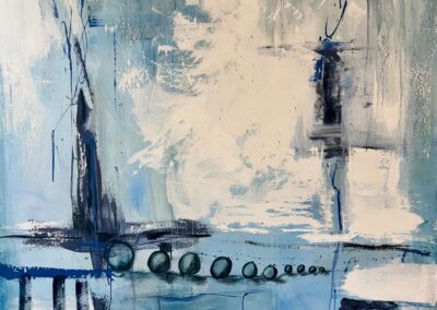 Breaking Boundaries, 2025, 48x60", acrylic, Venetian plaster, pastels on canvas. Price: $2,000. Artist's description: Breaking Boundaries is a large abstract in blues and white. It represents our goals and struggles in life and the path to accomplish them. There are ladders to climb, blocks to navigate, and heavy weights that need to be moved before we can break through to freedom and success.