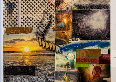 Lost at Sea, 2021, 21x22", Pigment Transfer, acrylic, spray, ink, solid marker, found materials, graphite, and uvls varnish on arches paper. Price: $650 Artist's description: This work is about life by the water and existing with an ocean in your back yard. While many see it as a relaxing vacation experience, many rely on the oceans as a source of food and income. Exhibited at solo show and originally retailed at 3000.00, discounted studio price is offered. The work would look best framed float mounted with a small boarder.