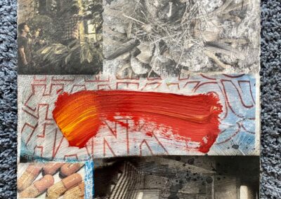 Refuge, 2021, 18x15", Pigment transfer, acrylic, spray, solid marker, correction fluid, rayon, found materials, graphite, and uvls varnish on arches paper. Price: $350 Artist's description: This work is about the idea of a Home and how when one has shelter their health improves and their chances of survival in this world greatly improves. Be it a nest, a building, a cave, shelter is a right to every living animal to have. Homelessness can and should be combated by our government but it has become up to organizations like the Harry Chapin Food Bank, Salvation Army Center Of Hope, and more to provide for those in need. Originally retailed at 500.00 and never exhibited, discounted studio price is offered. The work would look best framed float mounted with a small boarder.