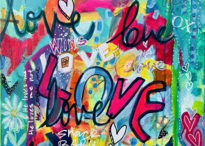 Love Shack, 2024, 24x24", Price: $300 Artist's description: Love always wins. Intensions from the heart in all we do. Expressed with joyful colors.