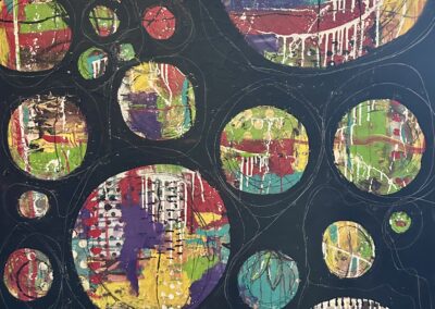 Planetary alignment, 2021, 36x48", Acrylic, pencil, paint, pen, charcoal on canvas Price $1200 Artist's description: This piece is about connectivity. People say that when all of the planets are aligned, things are easier and more peaceful. I interpret this to mean that we don’t have to be all lined up or we don’t have to be alike. But it’s critically important that we are connected. With this connection, we will have respect and love and unity, regardless Our backgrounds, size, shape, colors… We are one and we can be aligned with purpose.