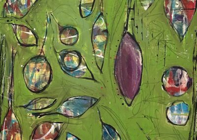 Earth energy, 2021, 36x48", Acrylic paint, pencil, wax, crayon, pen, decorative paper papers. Price: $450 Artist's description: This painting is about the beautiful energy that we can experience at any time simply by going outside. Looking for beauty all around us in nature helps us to heal and remember who we are at our root. Regardless of our circumstances, in life, we can always breathe deeply, appreciate the wonder of plants and the energy we receive from being in nature, and be amazed by the planting of seeds and the growth cycle and the blooming that results naturally. We can return to ourselves and get through any challenge when we remember the beauty of earth’s energy that is within our ourselves.