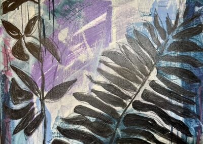 Shadow Work, 2020, 16x20", Acrylic paint on canvas, pencil, pastel, wax, crayon, ink. Price: $350 Artist's description: The term shadow work is used often in counseling and spiritual practices when we need to go deeper than what is on the surface to examine our truth. This painting resulted from observing shadows of plants that I saw on my patio during the pandemic. The resilience that we all have is incredible, even in the shadows and depths of grave, darkness and serious crisis. Finding the beauty in the shadows of our personal fears, shame, Perceived failures, and worries helps us to move forward With intention and appreciation. Having gratitude for the background and the multicolored richness of our lives, can help us to feel safe enough to examine our shadows more closely.