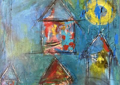 Little Soul Houses 1, 2023, 16 x 20", Acrylic paint, pencil, ink, charcoal, wax crayon on canvas. Price: $500 Artist's description: Each person is walking around in their little soul houses. We are all here to spread love, learn lessons, and help others through this journey called life. We have our own bodies that in cases, our soul… Our soul houses. But also, I believe that everyone deserves to have a safe house. Everyone deserves emotional and physical safety, including literally safe houses. This painting was inspired by my previous work with the homeless population and foster children who were looking for their safe place through the kindness and assistance of others.